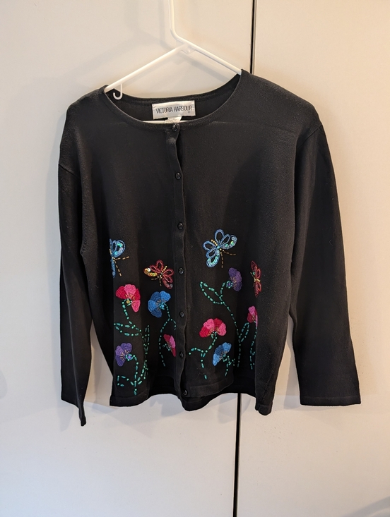 Victoria Harbour Sweaters - Victoria Harbour Medium  Black Embroidered Butterfly/Floral Cardigan